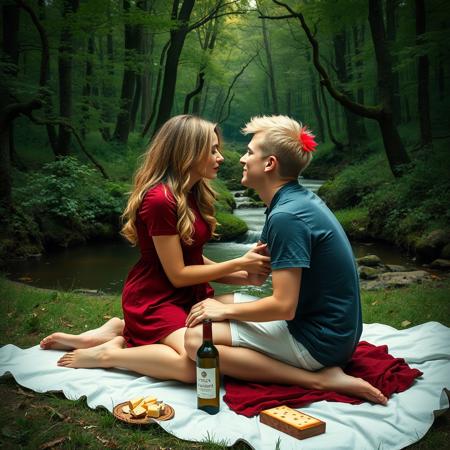 abstract surreal dreamy art image in style of salvador dali of a couple sitting in tantra position and embracing each other and starting into each other eyes. by a small stream in a green forest. girl has long wavy blond hair, wearing dark red cotton dress. the boy has very short blonde hair dyed scarlet red on top, white shorts and a dark blue tshirt. they are both sitting on a white picnic sheet with a bottle of white wine and some cheese.