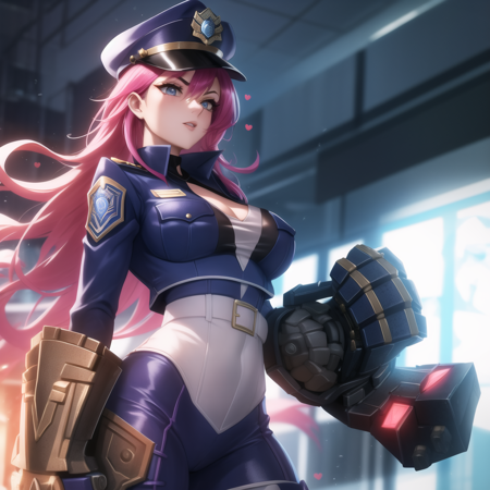 sfw, vi, police uniform, policewoman, hat, gauntlets, 1girl, solo, pink hair, cowboy shot, masterpiece, best quality <lora:vi-000020:0.8>