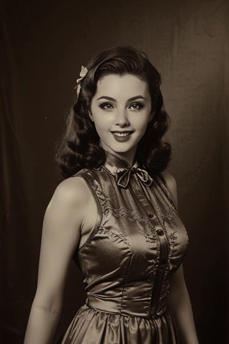 retro pin up photo , (Sepia:1.2), a opera singer, dressed up,1950s Fashion, MAKEUP ,Shoulder out, poses in front of the camera, Hollywood Smile, realistic photo 、