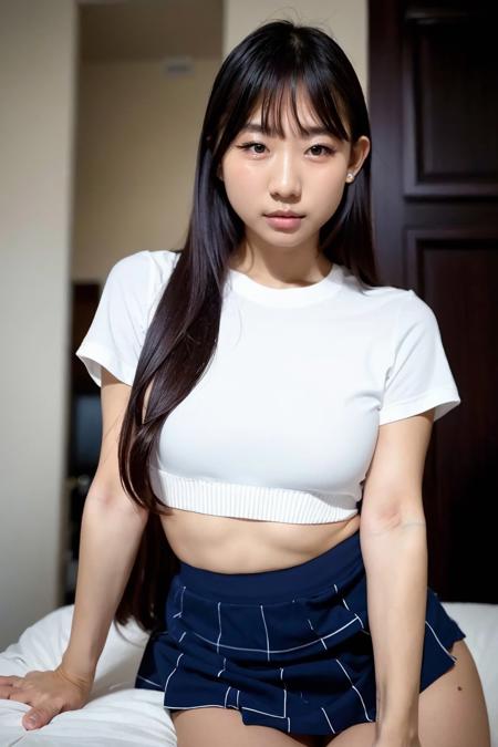 pyoapple, ((solo, 1girl)), RAW, masterpiece, a stunning (close up shot) portrait of a beautiful (korean) (k-pop idol) young teenage woman posing in a bedroom, looking at viewer. Slim body, narrow waist, (small breasts:1.2). (cute smile:0.8), Beautiful Face, light makeup, sharp eyes, aegyo sal, alluring expression. In a flawless makeup, wearing (skin-tight schoolgirl uniform:1.1), Long hair, thin bangs, cinematic lighting, volumetric fog, realistic skin, realistic face skin, perfect face skin, 8K UHD, absurdres, highly detailed, realistic, hyperrealism, <lora:pyoapple_chillout_v1:0.95>