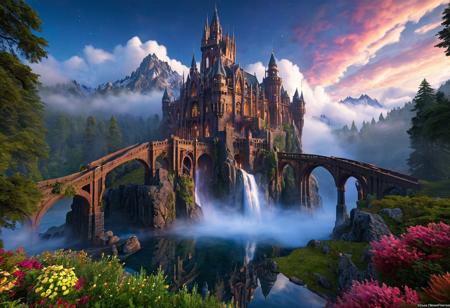 (masterpiece:1.5), (score_9, auto1111), extreme quality, reflections, surface reflections, ((no humans, no people)), precise, precision, striking visuals, sharp focus, detailed background, light reflections, architecture of boundless opportunities, (an enormous Fractal Castle), at the rim of a enormous redwood forest, enormous mountains in the background, enormous redwood trees, (a steaming stream and waterfall), realistic, photorealistic, night sky, clouds, steaming water, multicolored flowers, detailed enormous Fractal Castle, polished glass, polished White Stone, fluffy clouds, mist, fog, detailed landscape, flowing water, detailed titanium bridges, starry sky, night, landscape of boundless opportunities, extreme fantasy, dynamic shaders, vibrant colors, water fog, ground fog, Fractal architecture, (close-up view of Castle), boulders of different sizes, (inspired by dungeons & dragons),