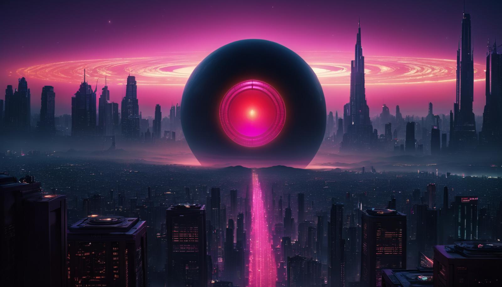 an enormously colossal (planet sized) (Hal-9000 from the film 2001 A Space Odyssey:1.3) looms over the skyline of a sprawl...