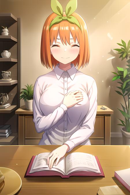 1girl, solo, breasts, blush, smile, short hair, bangs, shirt, long sleeves, bow, ribbon, holding, sitting, closed mouth, closed eyes, hair ribbon, white shirt, upper body, hair bow, hairband, shiny, collared shirt, indoors, orange hair, shiny hair, book, table, plant, green bow, green ribbon, potted plant, lamp, bow hairband, style novel, <lora:last:0.7>, <lora:GoodHands-vanilla:1>