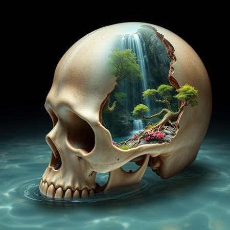 Surreal Photo of a skull looking towards the bottom left of the picture, the skull has with a big hole on his right side, inside the skull there is a beautiful waterfall with flowers and trees, there are trees roots coming out of the skull holes and nose, masterpiece, 8k . The photo  has been stylized with a 250% amplification to emphasize the intricate details of the oceanic scene., photo, cinematic atmosphere, RAW photo shot by dslr Fujifilm XT3, depth of field, bokeh, soft lighting, film grain, Lifelike full sharp