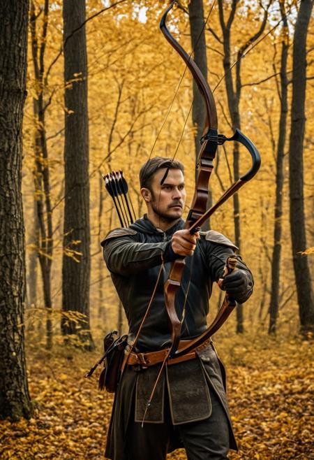(hunting_recurve_bow:1.6), (composite_limbs:1.5) from horn and wood, (animal_skin_grip:1.4), (fletched_arrows:1.3) with obsidian_heads, (forester:1.4) in leather_armor stalking deer, (autumn_forest:1.5) with golden_leaves, soft_natural_lighting, ultra_detailed_textures, 8k, historical_reference, by Piotr Jabłoński