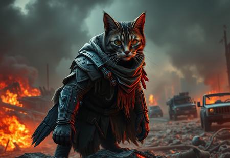 A battle-hardened, cyber-enhanced cat warrior in a post-apocalyptic wasteland, wearing a rugged, torn cloak and high-tech armor with glowing blue accents. The feline has sharp cybernetic eyes and a mechanical limb, standing on the ruins of a destroyed city with smoke and fire in the background. The atmosphere is dark and moody, with red and orange hues from burning wreckage, dust filling the air, and abandoned vehicles scattered around. The cat’s expression is fierce and determined, ready to survive in this desolate future. Highly detailed, cinematic lighting, ultra-sharp textures, epic composition, digital painting style, 4K.