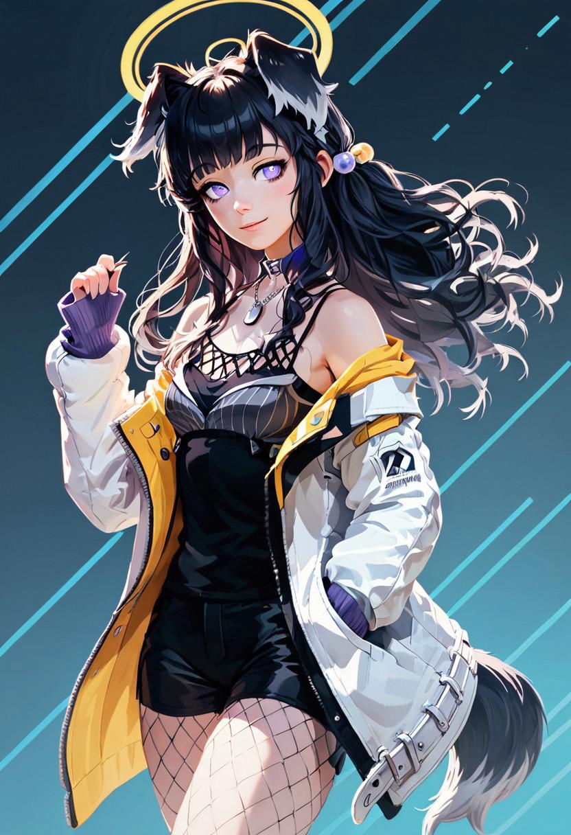 score_9, score_8_up, score_8, medium breasts, (curvy), cute, eyelashes,       
BREAK, 
,,,
zzHibiki, purple eyes, black hair, long hair, animal ears, dog ears, dog tail, halo, black shirt, white jacket, open jacket, black shorts, fishnet pantyhose, off-shoulder, dog tags,
,,,
BREAK, smile, looking at viewer, 
,,,
abstract background, white outline, cowboy shot, 
,,,
zPDXL, Expressiveh,