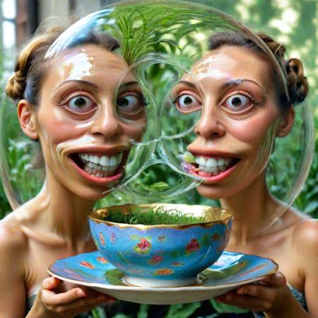 An editorial garden photograph, two women of  toroidal fields of energy, enjoying holographic abstractions of multiple dimensions on the form of teacups, garden outside the window radiates forming Temporal reality, hopf fibration bundles form endlessly creating illusion of reality, out of a timeless empty void a universal erotic energy of creativity arises, in the style of bonnard, randomizing big teeth big teeth so many big teeth, bigger teeth bigger teeth, teeth, teeth, teeth, image shape through a biologically plausible framework for the robust extraction of image transparency
