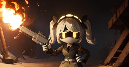 (8k uhd, masterpiece, best quality, high quality, ) upper body, hands behind back, murder drone, J, android, white hair, twin tails, yellow eyes, doll joints, glowing eyes, military uniform, standing looking at the viewer with a sad, standing, sad, hunched over, hollow eyes, bunker, explosion style, something behind her is blowing up, wielding a m1 flame thrower <lora:Murder-DronesV1R:0.9>  <lora:Blow It Up - (Trigger words are Explosion Artstyle) :1>