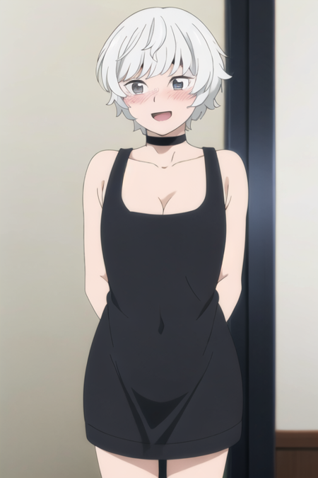 gray hair, short hair, anime coloring, 1girl, black eyes, bangs