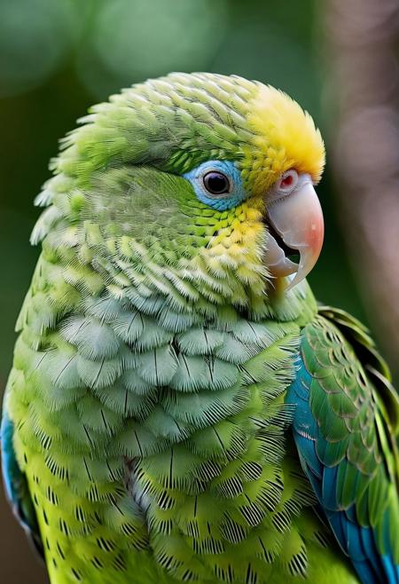 portrait, masterpiece, 4k, ray tracing, intricate details, highly detailed, hyper realistic, 8k RAW editorial photo.
an adorable parakeet , head with a tilt and a slight blink. The parakeet is feathers should be soft and fluffy, the background should be a  forest, dramatic light, shallow depth of field, high budget,