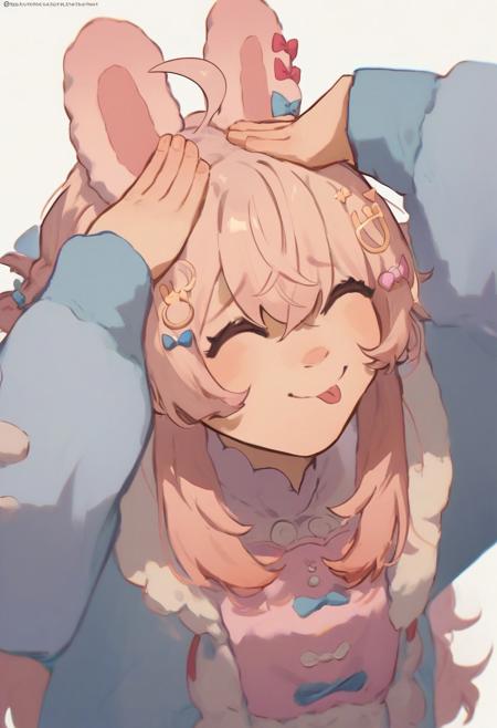 score_9, score_8_up, score_7_up, AhEtoBlehMeme, closed eyes, tongue out, :p, hands on own head, smile, PippaPipkin, long hair, braid, ahoge, hair ornament, hair bow