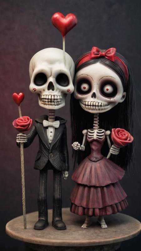 an artists interpretive depiction of a bloody valentine with the text ("TILL DEATH DO US PART":1.5), (a cute macabre adult valentine's day card:1.1), (Kris Kuksi:1.2), (Mark Ryden:1.1), (Gris Grimly:1.1), (Tim Burton:1.1), (Gorjuss:1.1), (by Nicola Samori:1.5), selective focus, miniature effect, highly detailed, vibrant, perspective control, (two cute happy skeletons blissfully in love:1.1), a man skeleton and a woman skeleton with long hair, a loving skeleton couple in formal wear, valentine, romantic, adorable, pastel colors, soft focus and diffused lighting, intricate background detail, digital painting, ultra-detailed, cinematic, macro, mystical, magical, vibrant photography, shimmering light, dreamy, whimsical, serene, soft-focus, hyper-detailed digital art, complex scenery with fine details, award-winning, multicolored, octane render, extremely detailed oil painting, hyperdetailed, digital art, high quality, (japanese tattoo art style, new school tattoo art style:1.2), breathtaking, cute, skulls, skeletons, cartoon, love, hearts, infinite, eternity, demonic, (nightmare, frightening, doom, terror, horror, sorrow:1.2) , sugar skull a BREAK (a cute macabre adult valentine's day card with the text "TILL DEATH DO US PART":1.4), ("TILL DEATH DO US PART":1.5) BREAK (Kris Kuksi:1.2), (Mark Ryden:1.1), (Gris Grimly:1.2), (Tim Burton:1.5), (Gorjuss:1.1) BREAK (by Nicola Samori:1.5)