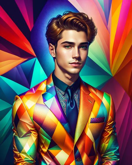 Portreit of a handsome confident man, rimlight, geometric pattern on the clothes, colorful background