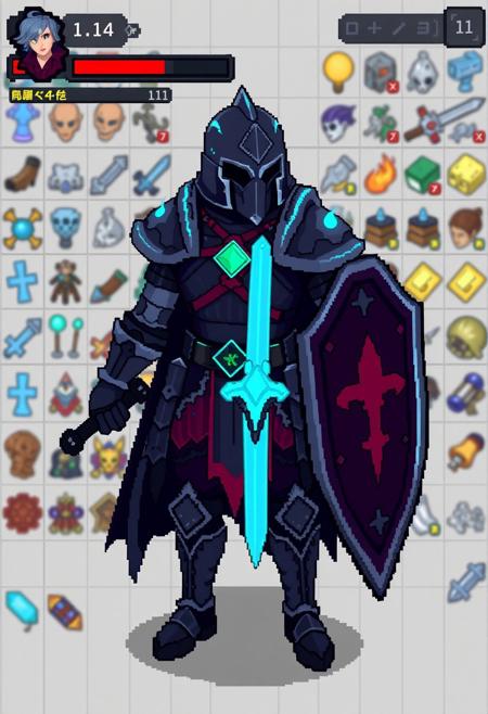 (8-bit pixel art character:1.5), (gothic fantasy warrior:1.3), modular design, (equipment slots:1.4), (helmet, chest armor, gloves, boots, sword, shield:1.2), inventory system, (blocky pixel sprites:1.3), (drag-and-drop equipment mechanics), (color-coded item rarities), (limited color palette:1.2), (simple shading), (action pose:1.1), (inventory grid background:1.2), glowing highlights for equipped items, (damage stats UI overlay:1.1), (arcade-style text), (isometric character portrait:1.2), dark RPG theme, (pixel lighting effects:1.1), (blurry:-1.2), (photorealism:-1.5), (smooth textures:-1.2), (high resolution details:-1.4), (overly bright colors:-1.2)