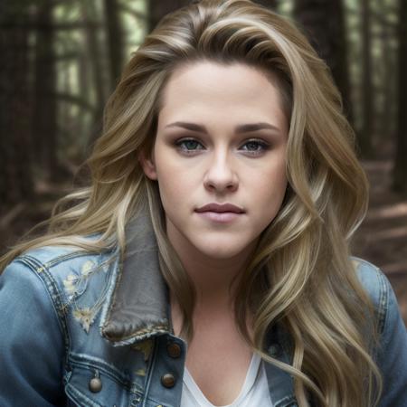 closeup picture, best quality, a  sexy beautiful KS<lora:KS:1.0>, solo, long hair, looking at viewer, forest background, blonde hair, grey eyes,upper body, jeans and jacket, realistic, 8k, hdr