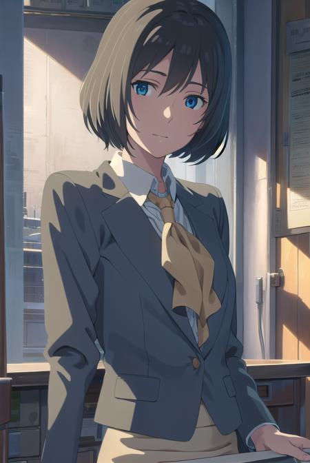 yukariyukino, <lora:yukari yukino movie-lora-nochekaiser:1>,
yukari yukino, short hair, black hair, blue eyes, hair between eyes, smile
BREAK shirt, collared shirt, white shirt, ascot, blazer, peach blazer, skirt, pencil skirt,
BREAK indoors, classroom,
BREAK looking at viewer, (cowboy shot:1.5),
BREAK <lyco:GoodHands-beta2:1>, (masterpiece:1.2), best quality, high resolution, unity 8k wallpaper, (illustration:0.8), (beautiful detailed eyes:1.6), extremely detailed face, perfect lighting, extremely detailed CG, (perfect hands, perfect anatomy),