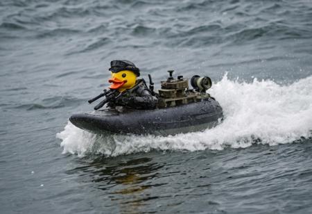 beautiful photo of a tiny, military rubber ducky in an action shot close-up, surfing the waves, intricate details, military guns, special forces duck. Navy Seals, Special Operator, combat duck