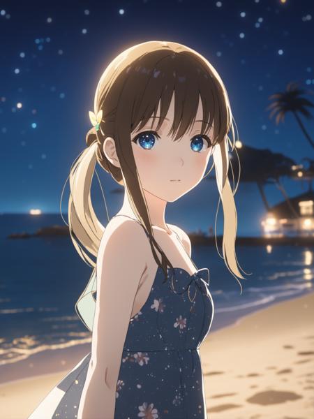 A anime screenshot of a girl wearing sundress on a beach at night. Looking at viewer, beautiful detailed eyes, bokeh, depth blur