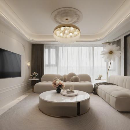 <lora:JJsCreamStyle_XL:1>, ((Cream Style)), ((masterpiece)), ((best quality)), scenery, real world location, realistic, high detailed,, soft lighting,  (indoor) , no human,  window, sofa, ceiling light, carpet,tv, curtain, coach, table, marble, glass, flower,
