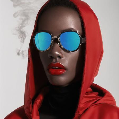 <lora:balenciaga:1>, balenciaga, photo \(medium\), 1girl, brown eyes, cigarette, cloak, dark skin, eyeshadow, gloves, hood, hooded cloak, lipstick, makeup, red cape, sitting, smoke, solo, sunglasses on head, white hair