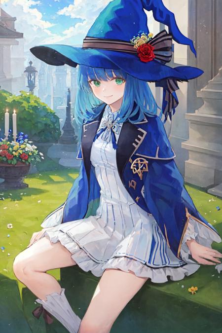 masterpiece, best quality, sharon, 1girl, witch hat, blue hat, blue robe, smile, brooch, blue ribbon, small dress, white dress, blue bow, green eyes, loose sleeve, portrait, blue hair, (short hair:0.7), flower garden,