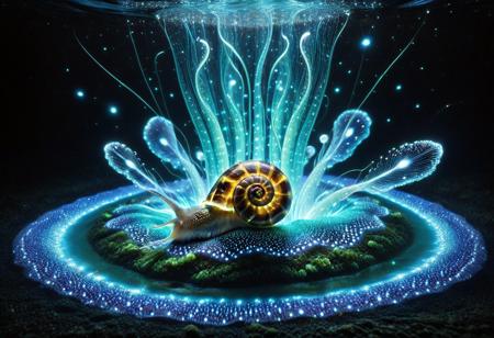 lazypos, A snail sculpted from living rainbow bioluminescence, its form woven from pulsating strands of energy that mimic rolling ocean waves frozen in mid-motion. Every muscle ripple glows with internal radiance, revealing veins of violet and gold beneath its translucent, jellyfish-like skin. Its whiskers stretch like filaments of molten silver, leaving shimmering trails of turquoise sparks in the air. Eyes are deep pools of glowing amber, refracting light like bioluminescent algae under moonlight, hypnotic and infinite. Paws unsheathe claws of condensed moonlight, each step leaving fleeting afterimages of glowing paw prints that dissolve like embers. Surrounding the creature, an ethereal forest glows in response: mushrooms pulse in rhythmic waves, willow tendrils drip liquid light, and the very air swims with floating dinoflagellate sparks. The cat arches its back in a dynamic leap, disrupting a curtain of hanging bioluminescent moss, particles scattering like a slow-motion supernova. Masterpiece-level hyper-detailed fur texture simulation, volumetric god rays slicing through the scene, cinematic shallow depth of field focusing on the snail's blazing eyes.