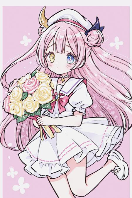 puffy sleeves, top, ear ribbon, split-color hair, sailor shirt, x hair ornament, glasses, bright pupils, kinomoto sakura, siblings, demon girl, cow horns, mini crown, forehead jewel, holding bouquet, haru urara (umamusume), bun cover, rose, floral print, chef hat, heterochromia, yellow choker, frilled dress, two-tone hair, white footwear,