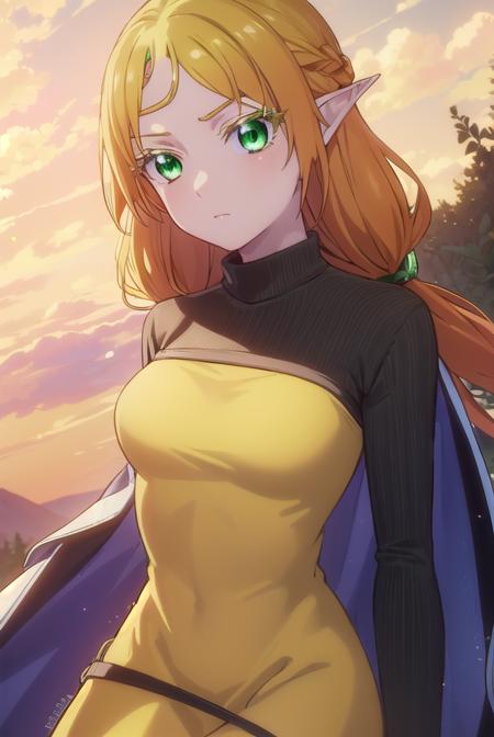 tsundereelf, <lora:tsundere elf s1-lora-nochekaiser:1>,
tsundere elf, long hair, blonde hair, (green eyes:1.5), pointy ears, elf, multicolored hair, forehead jewel,
BREAK long sleeves, turtleneck bodysuit, pantyhose, sweater, (black sweater:1.2), dress, (yellow dress:1.5),
BREAK outdoors, forest, nature, sun, sky, clouds,
BREAK looking at viewer, (cowboy shot:1.5),
BREAK <lyco:GoodHands-beta2:1>, (masterpiece:1.2), best quality, high resolution, unity 8k wallpaper, (illustration:0.8), (beautiful detailed eyes:1.6), extremely detailed face, perfect lighting, extremely detailed CG, (perfect hands, perfect anatomy),