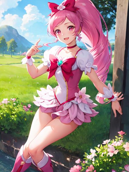 cure blossom long ponytail, hair ribbon, wrist cuffs, gem, flower earrings, boots, choker, shorts under skirt, pink shorts