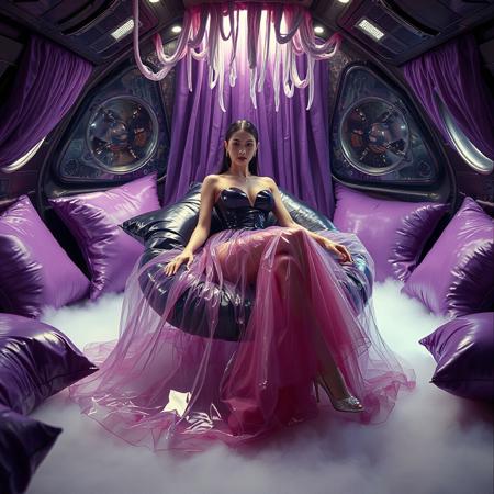 A poised and elegant slender lady, reclinet at giant glossy black foil pillow locked  in a sleek, floor-length transparent liquid slime  weird ball gown, full skirt made of a  giant glossy transparent jellyfish, complete with crystal-encrusted high heels, transparent slime cloak, is situated within a spaceship boudoir cabin, surrounded by weird foil purple pillows, fog from the floor, tentacle canopy, horror, soace, aliens, slime curtains, encased, entrapped Cinematic film still, shot on v-raptor XL, film grain, vignette, color graded, post-processed, cinematic lighting, 35mm film, live-action, best quality, atmospheric, a masterpiece, epic, stunning, dramatic