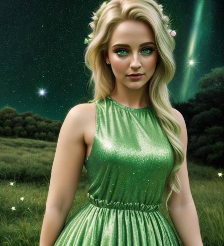 masterpiece, glitter, dramatic, dreamy, best quality, woman, wing,  fairy, eyes green, blonde hair, dress Green , shirt,  lowres, Portrait, digital painting, (Cinematic Photo:1.3) of (Realistic:1.3),(Amusing:1.3) chibi, constellation, best quality, movie still  <lora:Fairy Green:1>