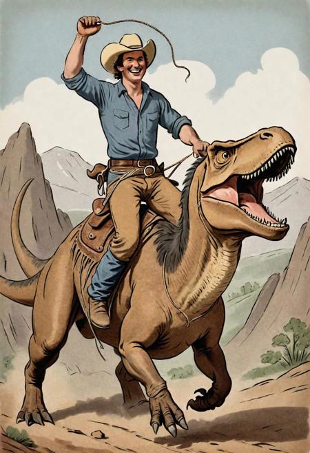 ASCII illustration, 1860 portrait of a man, rodeo ridding a trex, lasso, blacksmith, smiling,  waving,  kodachrome, peacfull,  dusty shirt  , thick skin, scale, mountain, animal hide, fur,