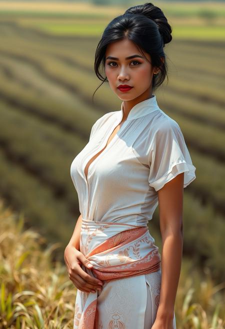 Hyper realistic, ultra realistic, highly detailed, 24 years old female, (indonesian:1.3), 1girl, beautiful, hair bun_hairstyle, black hair, oval face, serious face expression, big breasts, athletic perfect body, (full body), tan body, ((wearing white transparent kebaya blouse over batik kemben chest to torso wrap)), stand up, looking at viewer, paddy farm field background, bright lighting from front
