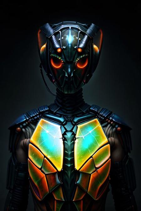 portrait of goddess (long neck, slender arms)) bulletproof vest, helmet with demon horns, Mantis, greater stag beetle, Maryland blue crab, (luminescen glowing), detailed background, floating particles, darkness,