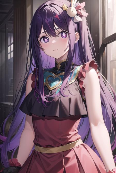 aihoshino, <lora:aihoshino-lora-nochekaiser:1>,
ai hoshino, hair between eyes, hair ornament, hair ribbon, long hair, one side up, (purple eyes:1.1), purple hair, rabbit hair ornament, (star-shaped pupils:1.5), symbol-shaped pupils,
BREAK belt, black belt, brooch, dress, pink dress, frilled dress, frilled gloves, frills, gloves, heart brooch, idol, idol clothes, jewelry, pink gloves, red ribbon, ribbon, turtleneck dress,
BREAK looking at viewer,
BREAK indoors,
BREAK <lyco:GoodHands-beta2:1>, (masterpiece:1.2), best quality, high resolution, unity 8k wallpaper, (illustration:0.8), (beautiful detailed eyes:1.6), extremely detailed face, perfect lighting, extremely detailed CG, (perfect hands, perfect anatomy),