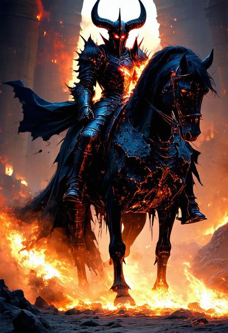 Dark armored knight with glowing red eyes, riding a demonic warhorse with skeletal armor and fiery breath. Spiked black and steel armor, horned helmet, and tattered cape flowing behind, surrounded by embers and shadow. A fearsome warrior of the underworld, evoking dread and power.
<lora:FLUX-daubrez-DB4RZ-v2:0.55> <lora:Sinfully_Stylish_.02_for_FLUX:0.35> <lora:dystopia:0.6>