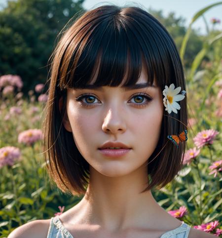 face beauty, (masterpiece), science fiction, scenery, 1girl, short hair, bangs, butterfly, flowers with realistic motion effect light effect, photo, 8