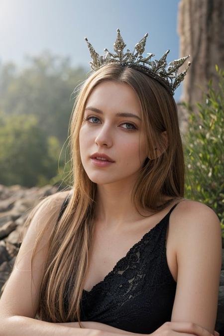 A beautiful 30-year-old woman, confident, mysterious and imposing with voluminous and very long white hair down to her waist, adorned with black stars, wears a black crescent moon crown, wears a long flowing black dress and tunic with stars and sparkles. She hugs and affectionately kisses the mouth of a blonde woman next to her. She sits on an imposing stone throne in the night forest. 
Detailed background, RAW photo, subject, 8k, soft lighting, high quality, film grain, Fujifilm, nsfw, (natural skin texture, hyperrealism, soft light, sharp), (perfect round eyes:1.3), Capture the essence of her beauty, Enrich the composition with soft, diffused natural light that accentuates the textures and colors, creating a timeless and culturally rich image, EyeDetail-SDXL, fFaceDetail-SDXL