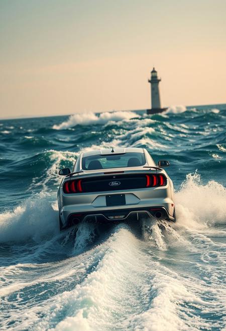 silver perl color ford mustang surfing on huge ocean waves, sunny weather,  water splashes, silver perl color ford mustang sport drifting on waves around a lighthouse in the middle of the sea, view from back of the car