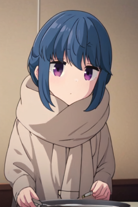 rin shima (yuru camp), blue hair, loose hair, purple eyes rin shima (yuru camp), blue hair, bun hair, purple eyes rin shima (yuru camp), blue hair, loose long hair, purple eyes