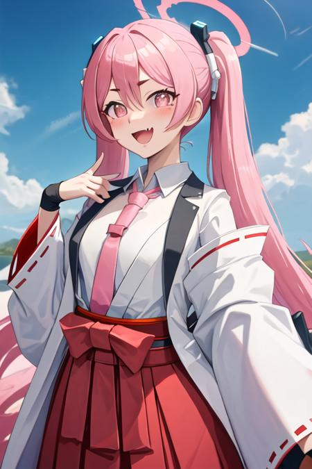 best quality, masterpiece, highres, solo, {white kimono:1.35}, {red hakama:1.35}, {wide sleeves:1.20}, {koyuki_bluearchive:1.15}, pink_hair, long_hair, halo, twintails, open_mouth, hair_between_eyes, bangs, pink_eyes, necktie, fang, blue_necktie, smile, blush, skin_fang, very_long_hair