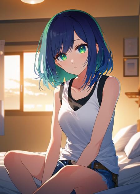 masterpiece, high quality, 8k, beautiful lighting, 1girl, solo, green eyes, blue hair, medium_hair, gradient hair, white t-shirt, t-shirt, sleeveless, sitting, cowboy shot, bedroom, indoors,  looking at viewer, anime,  dynamic angle <lora:akane:0.7>