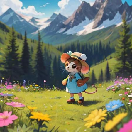 Cute fluffy animal baby mouse, highly detailed, side view, full body, smiling, mouse with hat and sunglasses,  little flowers,  background is a colorful landscape with Mountain and forest, hyperrealistic cub, expressive, emotional, bright color