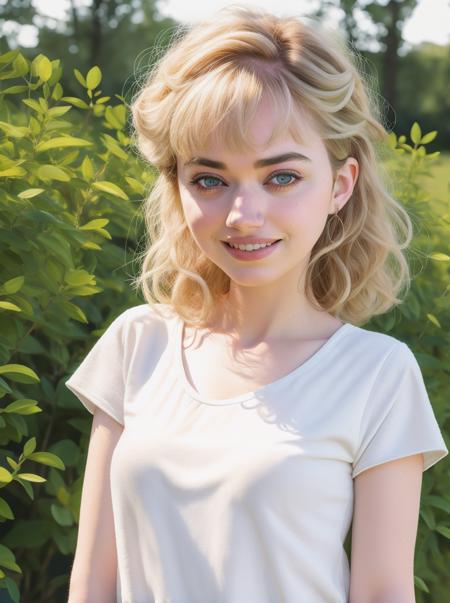 (full colour) portrait of   Imgnpts walking in the park.  mature woman, white tee-shirt, Bright smile. Natural, realistic, (colour:1) photograph, Nikon Z9, Canon 5d,  RAW photo, (high detailed skin:1.2), 8k uhd, dslr, soft lighting, high quality, film grain, Fujifilm XT3.