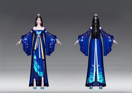 Rear view, Front view, Side view, multiple views, game characters, East Asian character design, hanging ornaments, tassels, 1girl, long hair, dress, blue dress, hair ornament, jewelry, gradient background, gradient, earrings, high heels, chinese clothes, full body, ribbon<lora:Triple view:1>