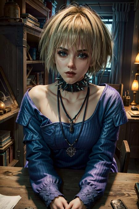 (masterpiece, best quality)
MistyCyber 1girl, blonde hair, purple dress, 1girl, solo, jewelry, spikes, necklace, short hair, spiked collar, table, indoors, looking at viewer, long sleeves, cross, shirt, collar, bangs
<lora:epi_noiseoffset2:1>,  <lora:add_detail:0.5>,   <lora:MistyCyber:0.8>