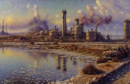 (impressionism:1.15), salt flat, Cliff/Bluff, industrialism, (jeremy mann:1), rural, scenery,scene painting,a painting, steampunk city scene,industrial pipe,plant, <lora:å·¥ä¸è¸æ±½:0.3>,