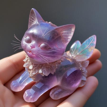 fluorite mineral, flu0rite, iridiscent, A flying fairy with the face of a cat. Within a magic World