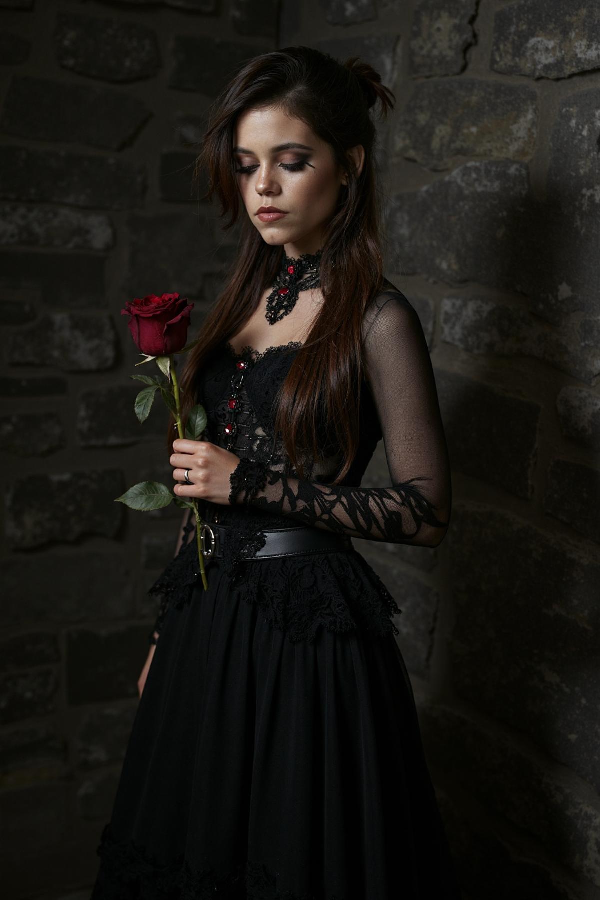 In this professional studio headshot, j3nnaort3ga stands with a proud yet somber demeanor, illuminated by a hard studio light that casts sharp, defined shadows, emphasizing the high-quality, dramatic nature of the shot. The intense lighting brings out every detail of her elegant gothic attire, adding a striking contrast to the scene. Her long, dark brown hair flows down her back in soft, natural waves, slightly tousled, giving her an intriguing mix of strength and vulnerability. The hard light accentuates her striking features, with smokey eye makeup deepening the shadows around her expressive brown eyes, giving her a haunting, enigmatic gaze.

She is dressed in a tight black corset top that cinches at her waist, accentuating her petite frame and standing out sharply against her pale skin. The intricate lace detailing on the corset is highlighted by the studio light, adding texture and sophistication to her gothic ensemble. Her skirt is long and flowing, composed of layered black fabric that drapes down to the floor, with the light capturing the depth and texture of the dark material.

Around her neck, she wears a black choker necklace, intricately designed with red gemstones that glint under the studio light, adding a subtle yet vibrant touch to her otherwise dark attire. Her expression is serious and introspective, her eyes cast downward in a contemplative gaze, as if lost in thought.

In her hands, she holds a single, velvety red rose, its delicate petals starkly contrasting with her gothic outfit. The rose, captured in the bright studio light, stands out as a vivid symbol of both beauty and fragility.

The backdrop is a dark, richly textured stone wall, its surface sharply defined by the studio lighting. The hard light highlights the contours of the stone, creating pronounced shadows that add depth and intensity to the scene. The overall ambiance is dramatic and high-contrast, with the woman embodying a sense of haunting elegance and introspection